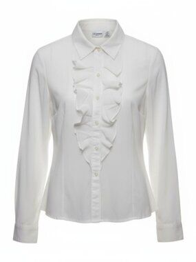 Liz Baker Blouse Women 10P Petite White Ruffle Sheer Fairy Long Sleeve Button Up